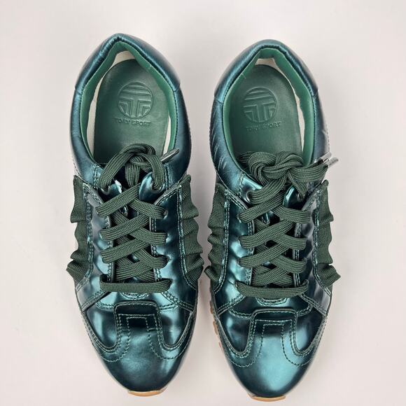 Tory Burch Sport Womens Sneaker Trainer Ruffle Metallic Green Leather Size 6.5 - Picture 2 of 12